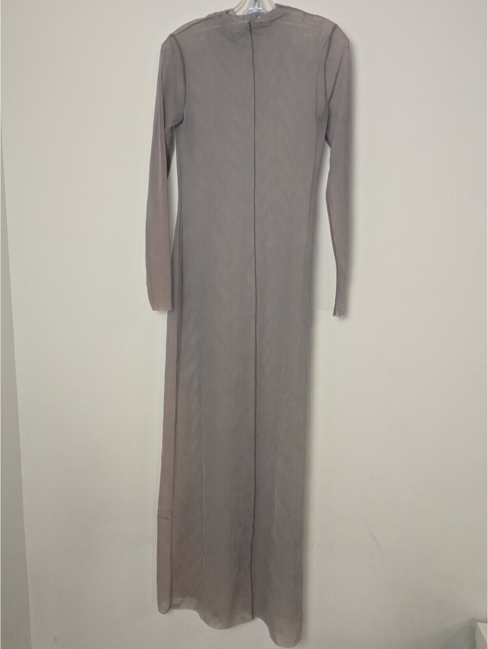 Zara Taupe Grey Sheer Mesh Mock Neck Long Sleeve Column Maxi Dress Size M